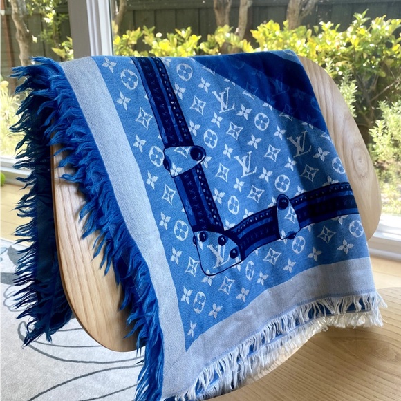 LOUIS VUITTON LV Monogram Koi Fish Blue White Scarf Shawl, 56" X 56" - Picture 3 of 4